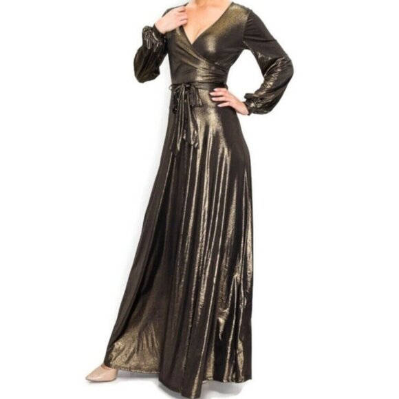 Janette Fashion Black Gold Bell Long Sleeve Evening Formal Faux Wrap Maxi Dress - Picture 3 of 4